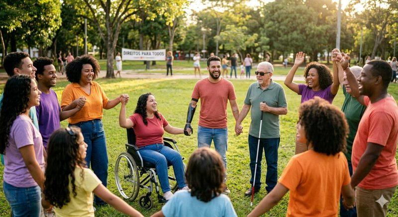 Grupo diverso de pessoas com e sem deficiência reunidas em parque, celebrando juntas